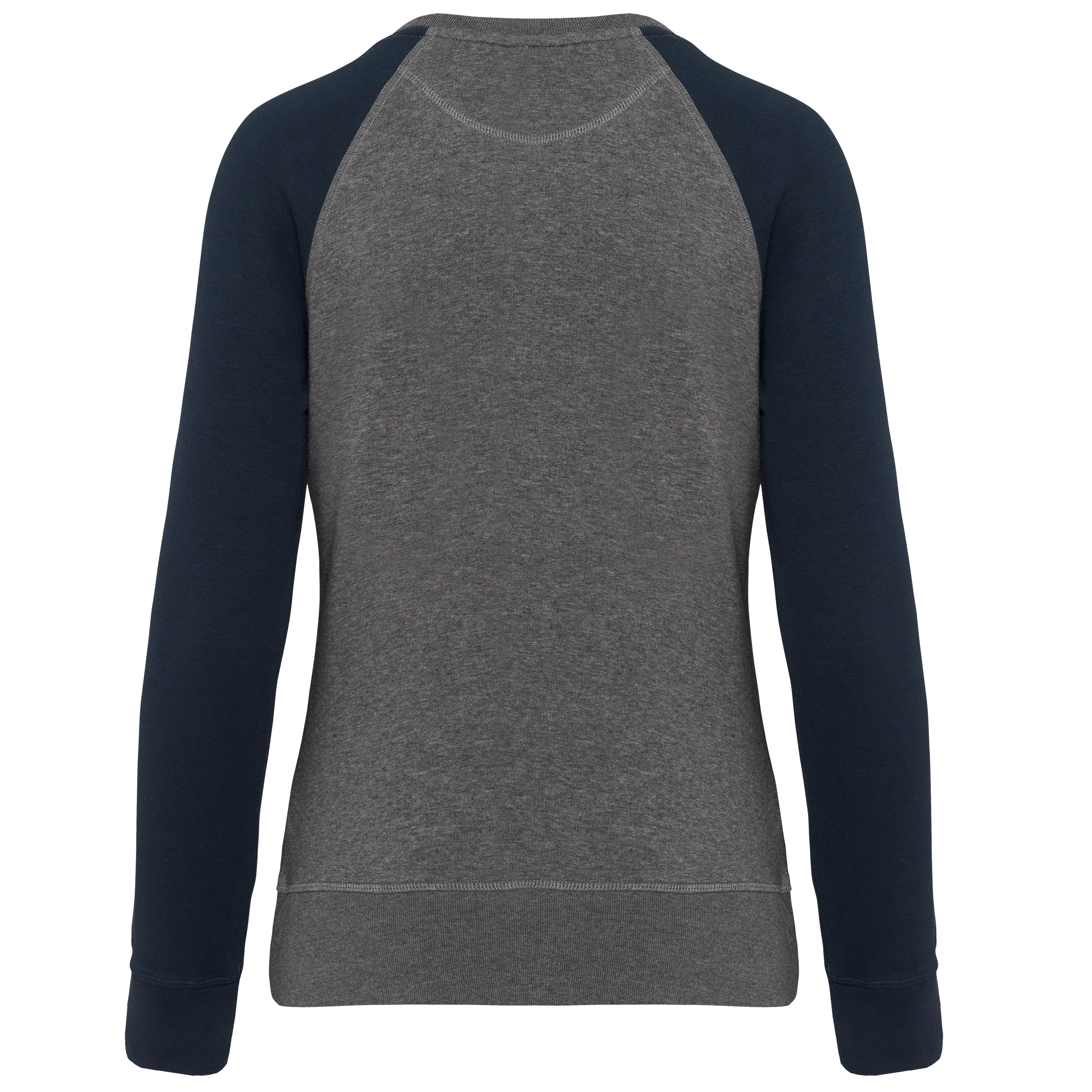 Sweatshirt BIO French Terry bicolor de senhora com decote redondo e mangas raglan - Grey Heather / Navy
