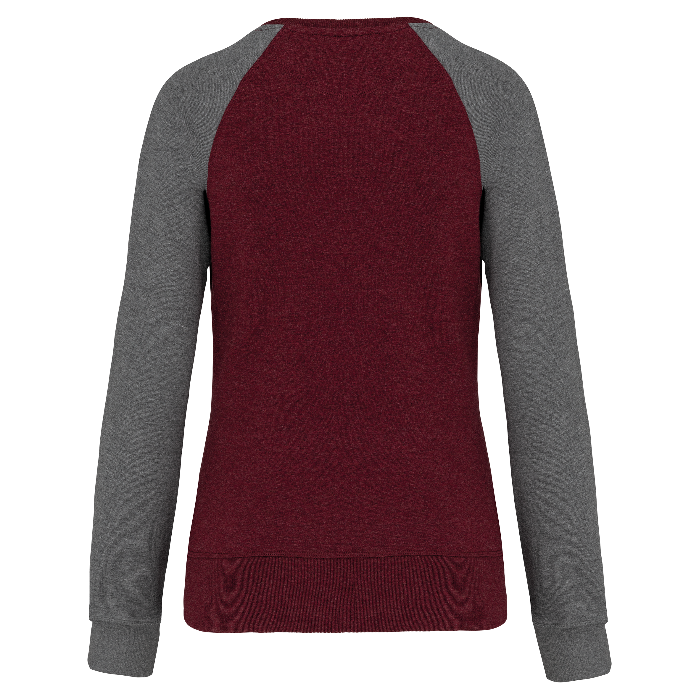 Sweatshirt BIO French Terry bicolor de senhora com decote redondo e mangas raglan - Wine Heather / Grey Heather