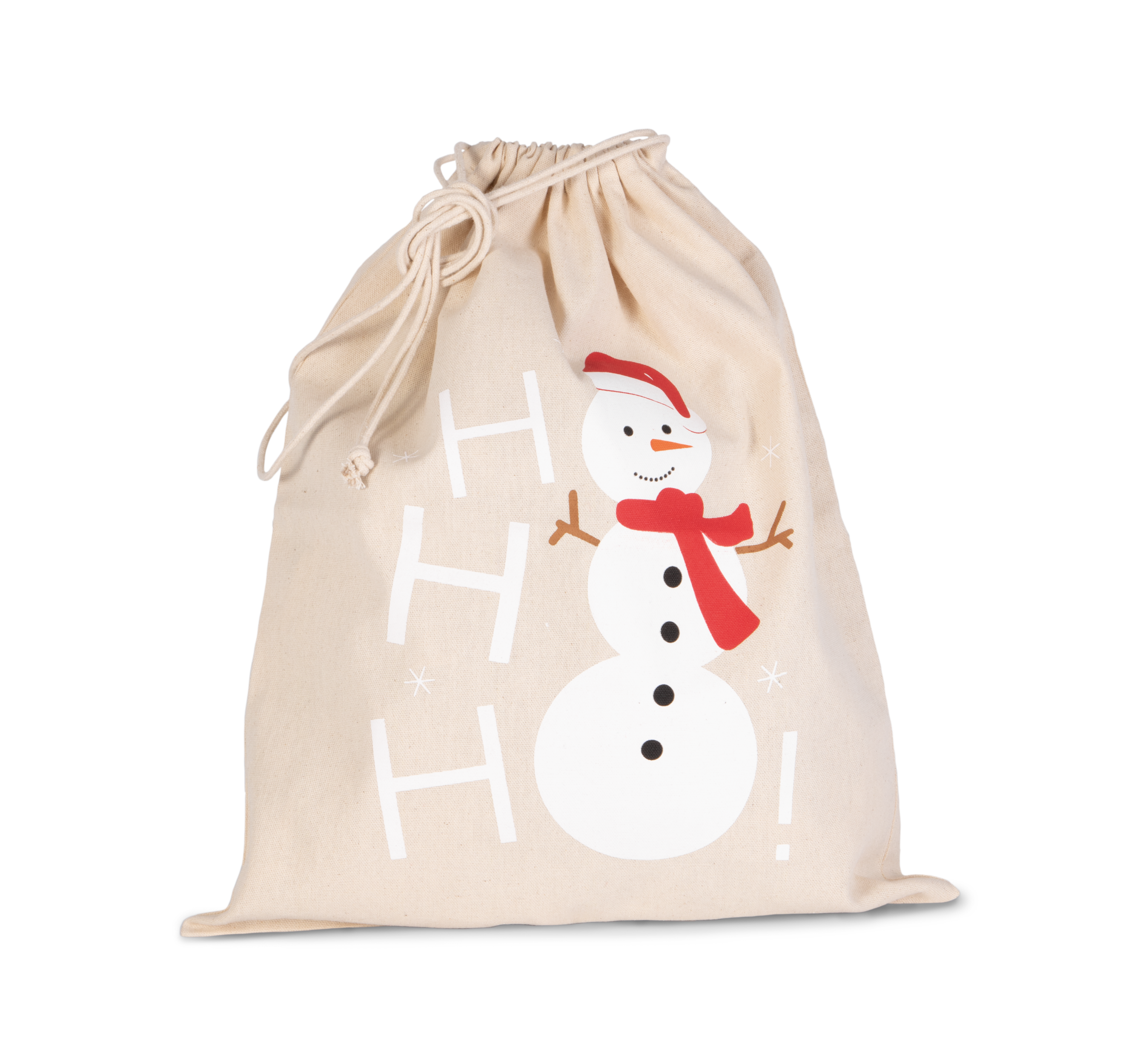 Saco de algodão com cordão, motivo boneco de neve - Natural