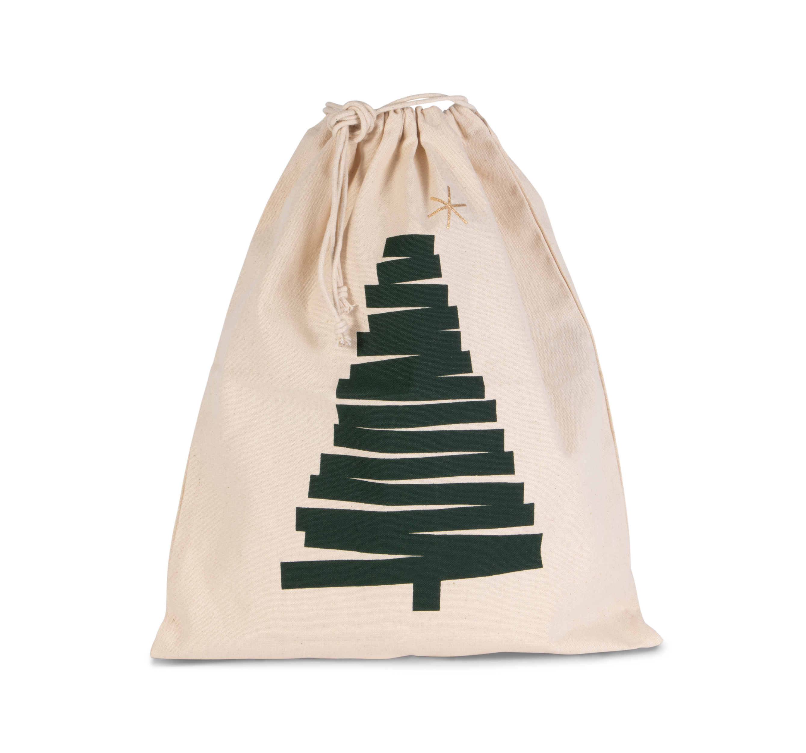 Saco de algodão com cordão, motivo árvore de Natal. - Natural