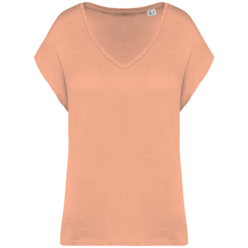 Native Spirit Women's V-neck loose t-shirt in orange, style NS312