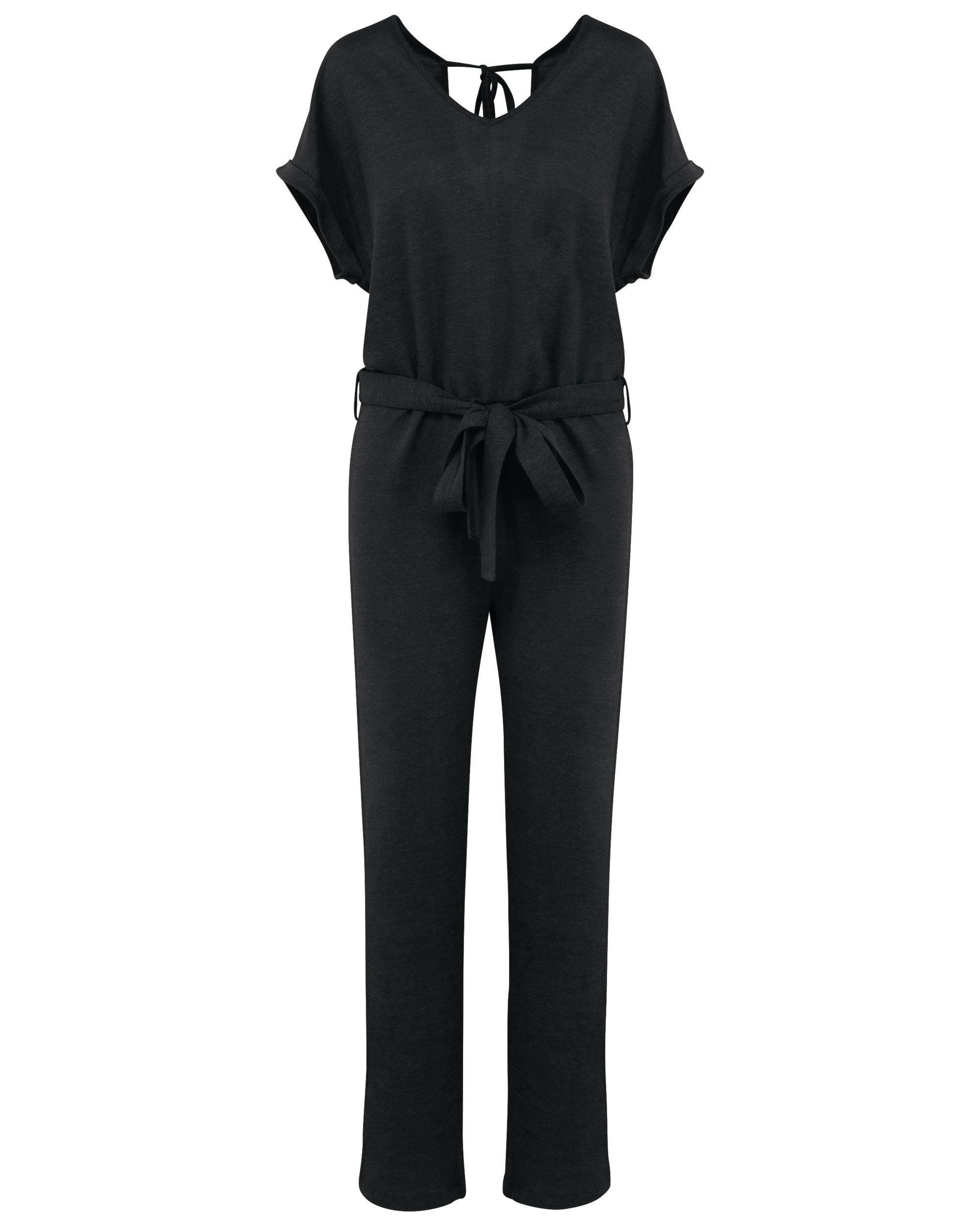 Macacão em malha de manga curta em linho de senhora — Preto Frente