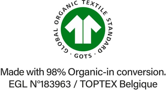 GOTS in conversion (Global Organic Textile Standard) label issued by Ecocert Greenlife. Guarantees the use of organic fibres.