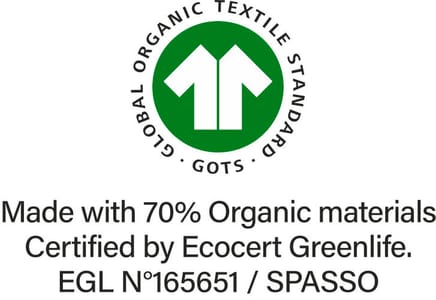 GOTS-Zertifizierung (Global Organic Textile Standard), die strengste Zertifizierung für Textilien aus biologischen Fasern, die den gesamten Prozess von der Verarbeitung der Biofaser bis hin zu einer ökologisch und sozial verantwortungsvollen Herstellung abdeckt. Zertifiziert von Ecocert Greenlife.