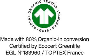 Label GOTS en conversion (Global Organic Textile Standard) délivré par Ecocert Greenlife. Garantie de l'utilisation de fibres biologiques et contrôle des pratiques sociales et environnementales.