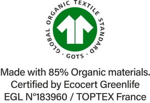 Etiqueta GOTS (Global Organic Textile Standard) emitida por Ecocert Greenlife. Garantía de uso de fibras orgánicas.