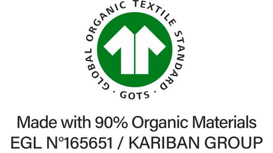 Certification GOTS (Global Organic Textile Standard), certification la plus stricte en matière de textiles en fibres biologiques, couvrant tout le processus depuis la transformation de la fibre biologique jusqu'à une fabrication écologiquement et socialement responsable. Certifié par Ecocert Greenlife.