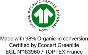 Label GOTS en conversion (Global Organic Textile Standard) délivré par Ecocert Greenlife. Garantie de l'utilisation de fibres biologiques et contrôle des pratiques sociales et environnementales.