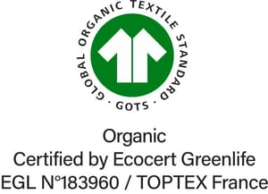 Label GOTS (Global Organic Textile Standard) rilasciato da Ecocert Greenlife. Utilizzo di fibre biologiche garantito.