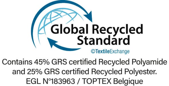 GRS-certificering (Global Recycled Standard), controleert het percentage gerecycled materiaal en garandeert de traceerbaarheid ervan van de bron tot het eindproduct. Gecertificeerd door Ecocert Greenlife.