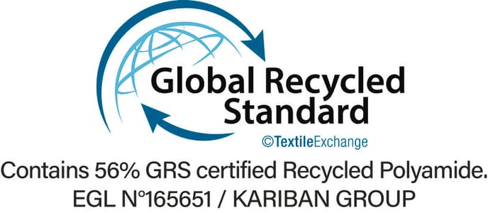 A certificação GRS (Global Recycled Standard) controla a percentagem de materiais reciclados e garante a rastreabilidade desde a origem até ao produto final. Certificado pela Ecocert Greenlife.