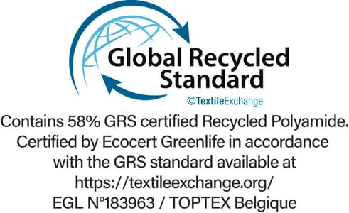 GRS-certificering (Global Recycled Standard), controleert het percentage gerecycled materiaal en garandeert de traceerbaarheid ervan van de bron tot het eindproduct. Gecertificeerd door Ecocert Greenlife.