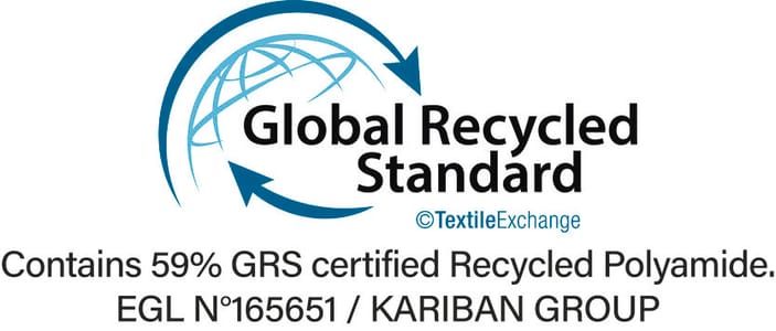 A certificação GRS (Global Recycled Standard) controla a percentagem de materiais reciclados e garante a rastreabilidade desde a origem até ao produto final. Certificado pela Ecocert Greenlife.