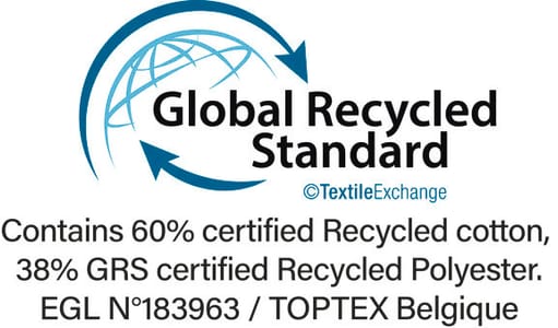 The Global Recycled Standard (GRS) verifies the percentage of recycled material and tracks it from the source to the final product. Certified by Ecocert Greenlife.