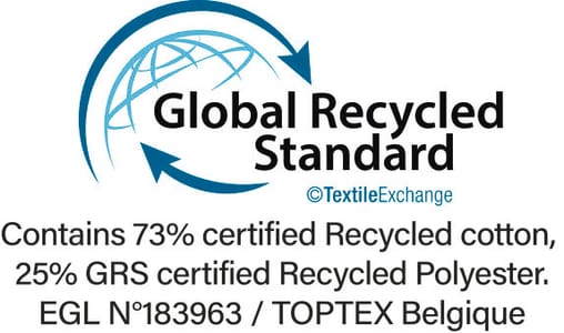 GRS-certificering (Global Recycled Standard), controleert het percentage gerecycled materiaal en garandeert de traceerbaarheid ervan van de bron tot het eindproduct. Gecertificeerd door Ecocert Greenlife.