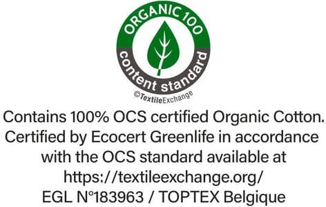 OCS (Organic Content Standard) label issued by Ecocert Greenlife. Guarantees the use of organic fibres.