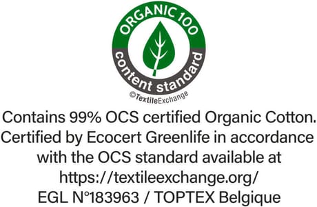 OCS (Organic Content Standard) label issued by Ecocert Greenlife. Guarantees the use of organic fibres.