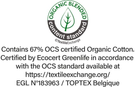 OCS (Organic Blended Content Standard) label issued by Ecocert Greenlife. Guarantees the use of organic fibres.