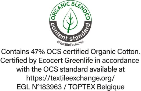 OCS (Organic Blended Content Standard) label issued by Ecocert Greenlife. Guarantees the use of organic fibres.