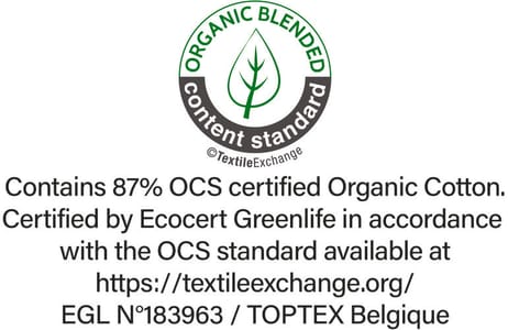 OCS (Organic Blended Content Standard) label issued by Ecocert Greenlife. Guarantees the use of organic fibres.