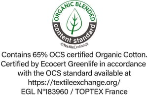 Label OCS (Organic Blended Content Standard) délivré par Ecocert Greenlife. Garantie d'utilisation de fibres biologiques