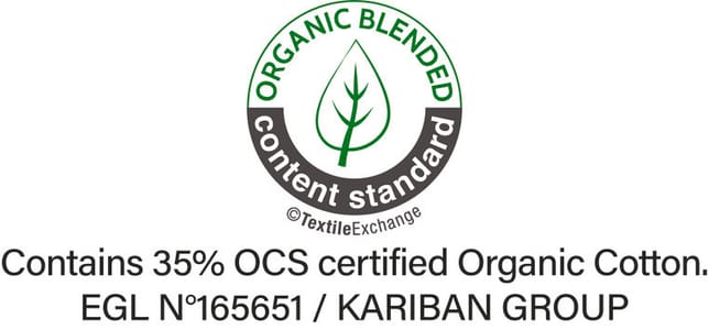 Certification OCS (Organic Content Standard), vérifie le pourcentage de matière d’origine biologique et en assure la traçabilité depuis la source jusqu’au produit fini. Certifié par Ecocert Greenlife.