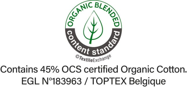 OCS-certificering (Organic Content Standard), controleert het percentage materiaal van biologische oorsprong en garandeert de traceerbaarheid ervan van de bron tot het eindproduct. Gecertificeerd door Ecocert Greenlife.