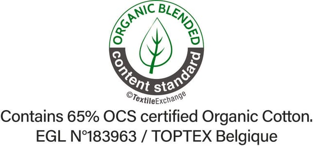 Certification OCS (Organic Content Standard), vérifie le pourcentage de matière d’origine biologique et en assure la traçabilité depuis la source jusqu’au produit fini. Certifié par Ecocert Greenlife.