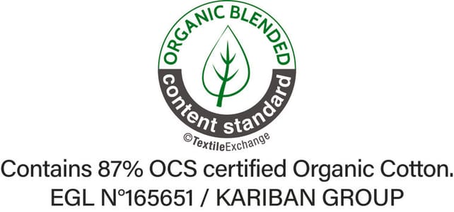 Certification OCS (Organic Content Standard), vérifie le pourcentage de matière d’origine biologique et en assure la traçabilité depuis la source jusqu’au produit fini. Certifié par Ecocert Greenlife.