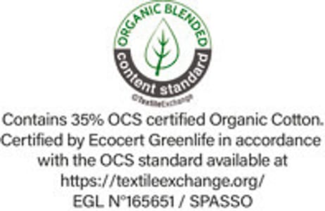 Certification OCS (Organic Content Standard), vérifie le pourcentage de matière d’origine biologique et en assure la traçabilité depuis la source jusqu’au produit fini. Certifié par Ecocert Greenlife.