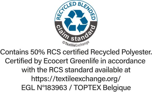 RCS (Recycled Blended Claim Standard) label issued by Ecocert Greenlife. Guarantees the use of organic fibres.