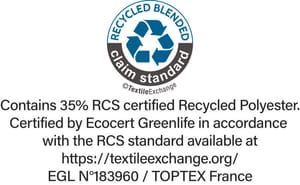 Label RCS (Recycled Blended Claim Standard) délivré par Ecocert Greenlife. Garantie d'utilisation de fibres biologiques.