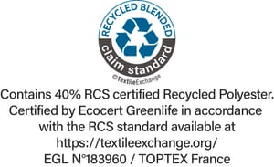 Etiqueta RCS (Recycled Blended Claim Standard) emitida por Ecocert Greenlife. Garantía de uso de fibras orgánicas.