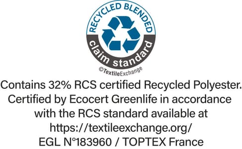 Label RCS (Recycled Claim Standard) délivré par Ecocert Greenlife. Garantie de l'utilisation de polyester recyclé.