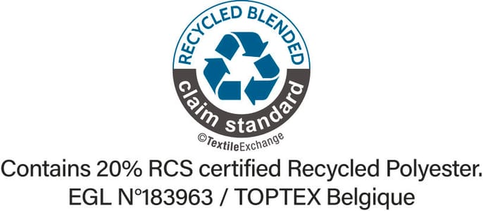 RCS-certificering (Recycled Claim Standard), controleert het percentage gerecycled materiaal en garandeert de traceerbaarheid ervan van de bron tot het eindproduct. Gecertificeerd door Ecocert Greenlife.