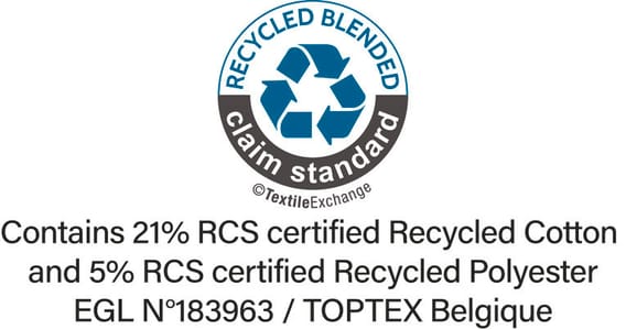 RCS-certificering (Recycled Claim Standard), controleert het percentage gerecycled materiaal en garandeert de traceerbaarheid ervan van de bron tot het eindproduct. Gecertificeerd door Ecocert Greenlife.