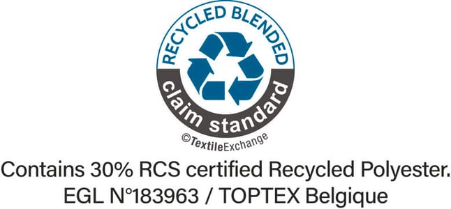 Certification RCS (Recycled Claim Standard), vérifie le pourcentage de matière recyclée et en assure la traçabilité depuis la source jusqu’au produit fini. Certifié par Ecocert Greenlife.