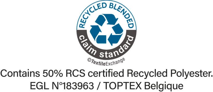 Certification RCS (Recycled Claim Standard), vérifie le pourcentage de matière recyclée et en assure la traçabilité depuis la source jusqu’au produit fini. Certifié par Ecocert Greenlife.