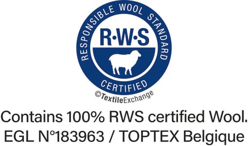 RWS-certificering (Responsible Wool Standard), controleert het respect voor dierenwelzijn en de eisen voor landbeheer, en garandeert de traceerbaarheid van de wol van de boerderij tot het eindproduct. Gecertificeerd door Ecocert Greenlife.