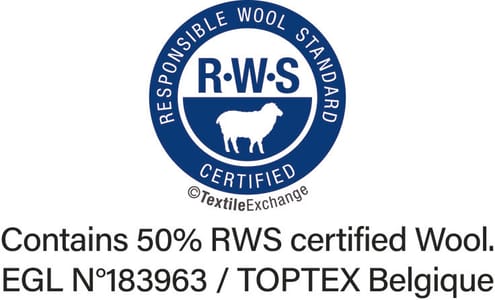 RWS-Zertifizierung (Responsible Wool Standard), überprüft die Einhaltung des Tierschutzes sowie der Anforderungen an das Landmanagement und gewährleistet die Rückverfolgbarkeit der Wolle von der Farm bis zum Endprodukt. Zertifiziert von Ecocert Greenlife.