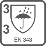 EN 343. Protection against rain Resistance to water penetration (level III) Water vapour resistance / Clothing breathability (level III)