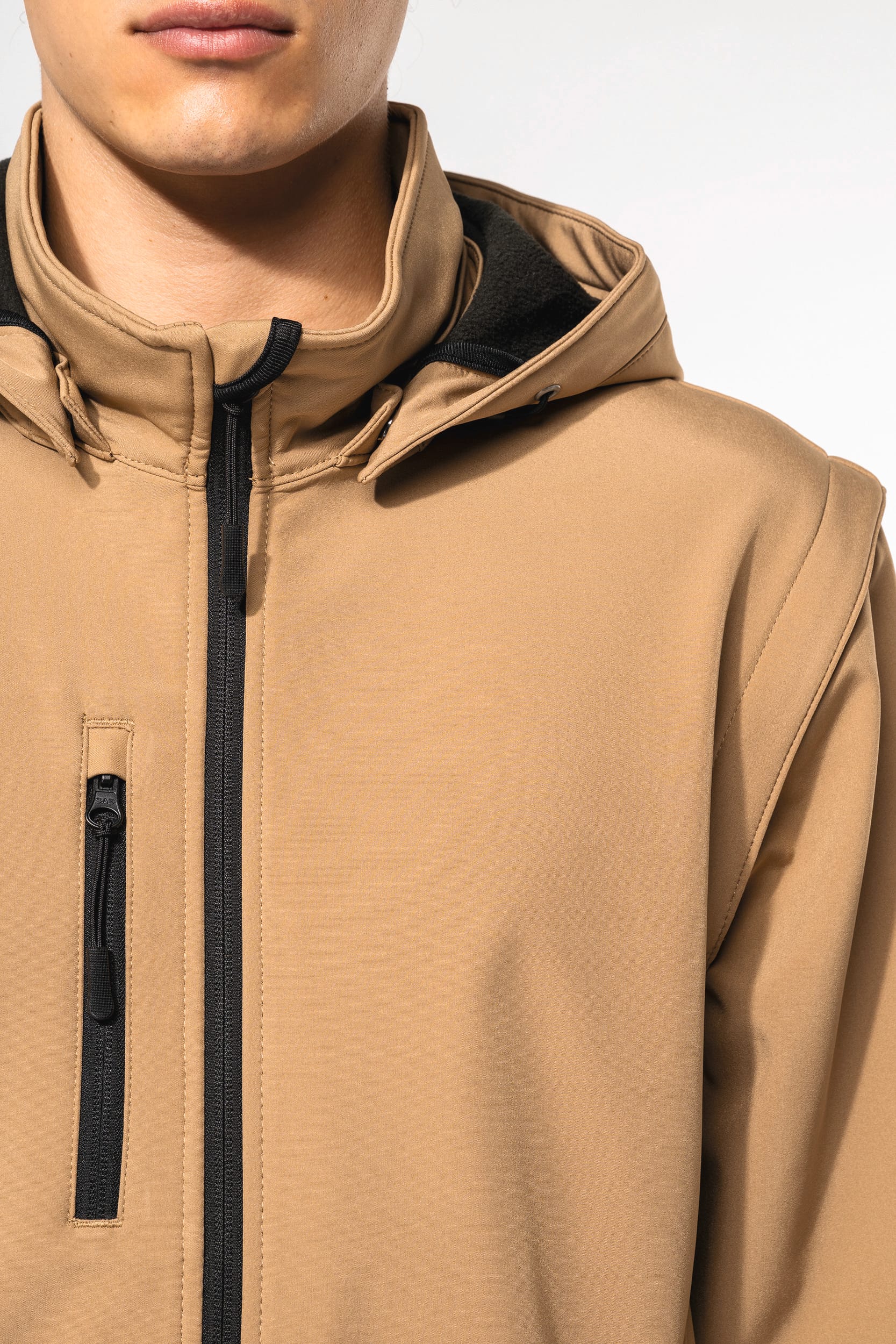 Blusão softshell 3 camadas com capuz e mangas amovíveis unissexo