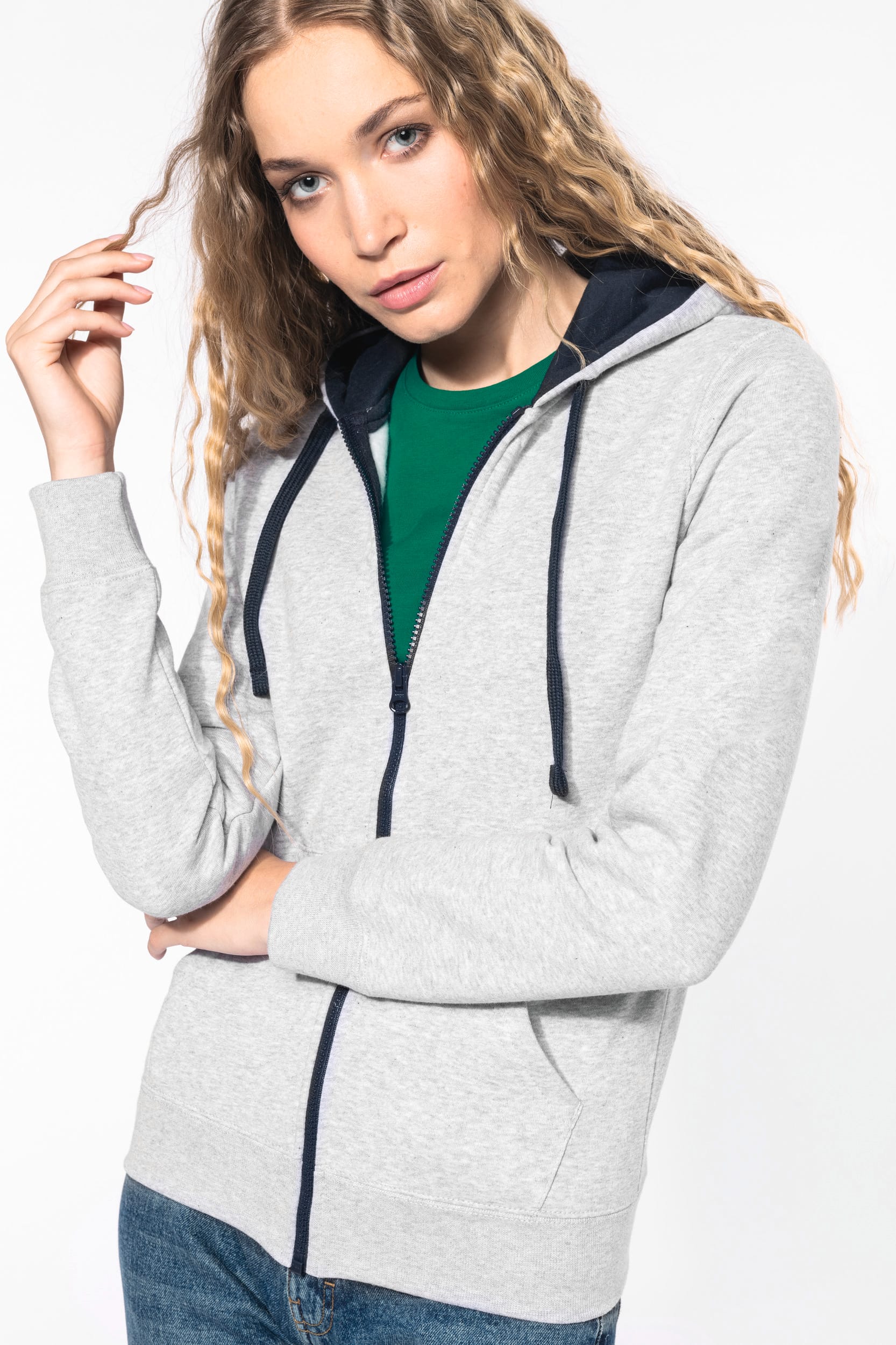 Sweat-shirt zippé capuche contrastée femme