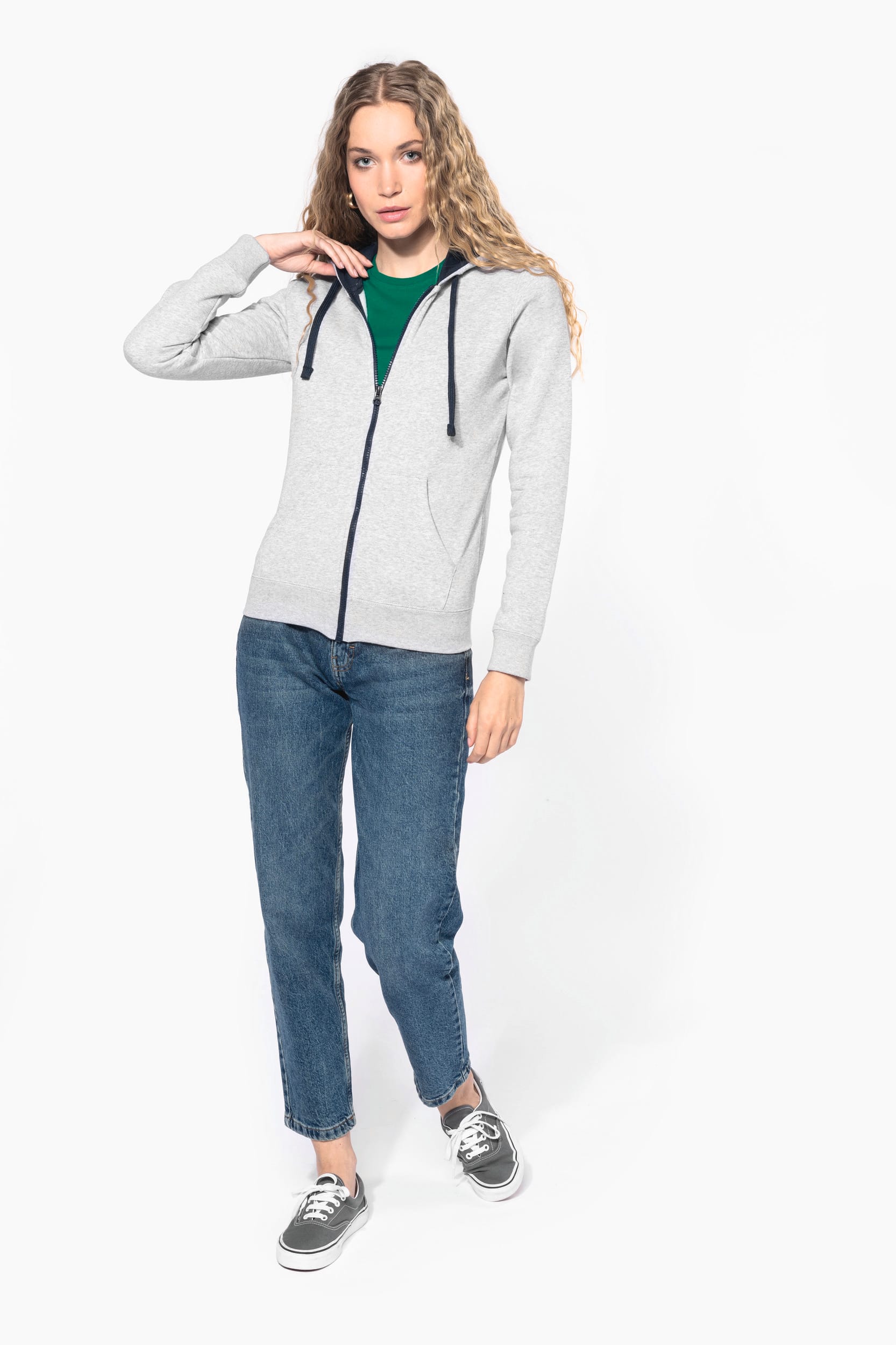 Sweat-shirt zippé capuche contrastée femme