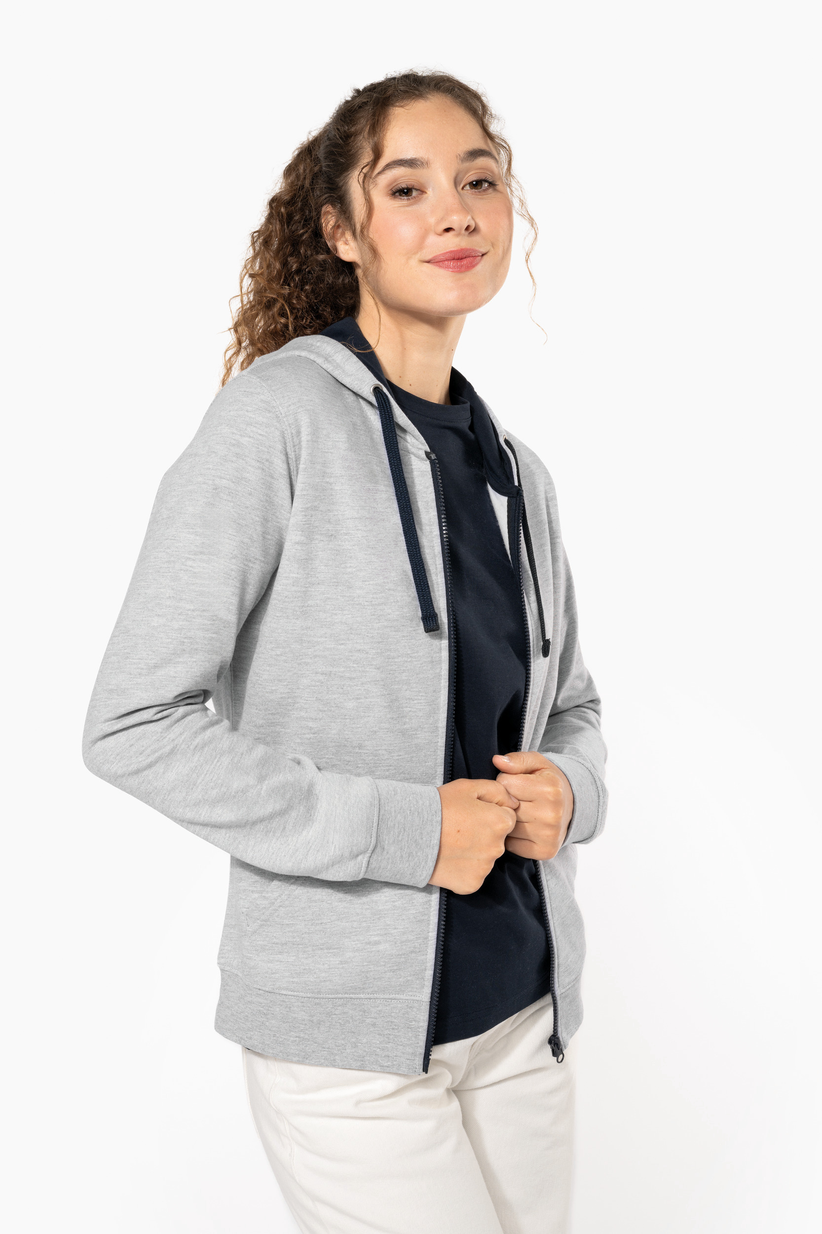 Damessweater met rits en capuchon in contrasterende kleur