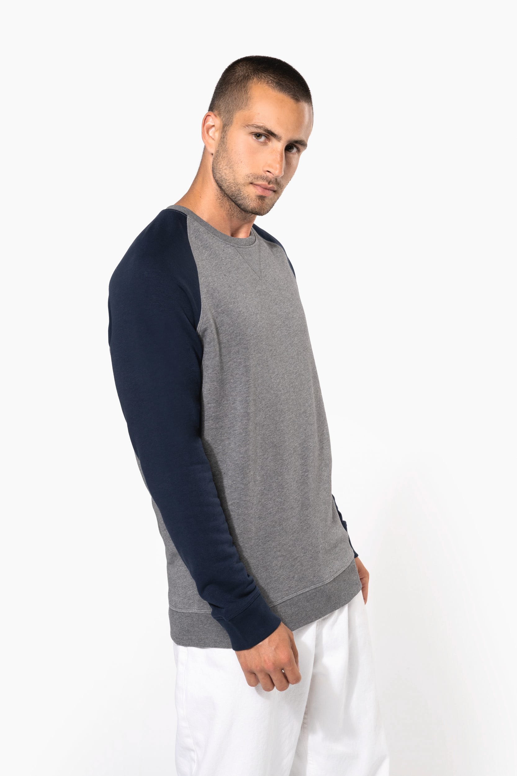 Sweatshirt BIO French Terry bicolor de homem com decote redondo e mangas raglan