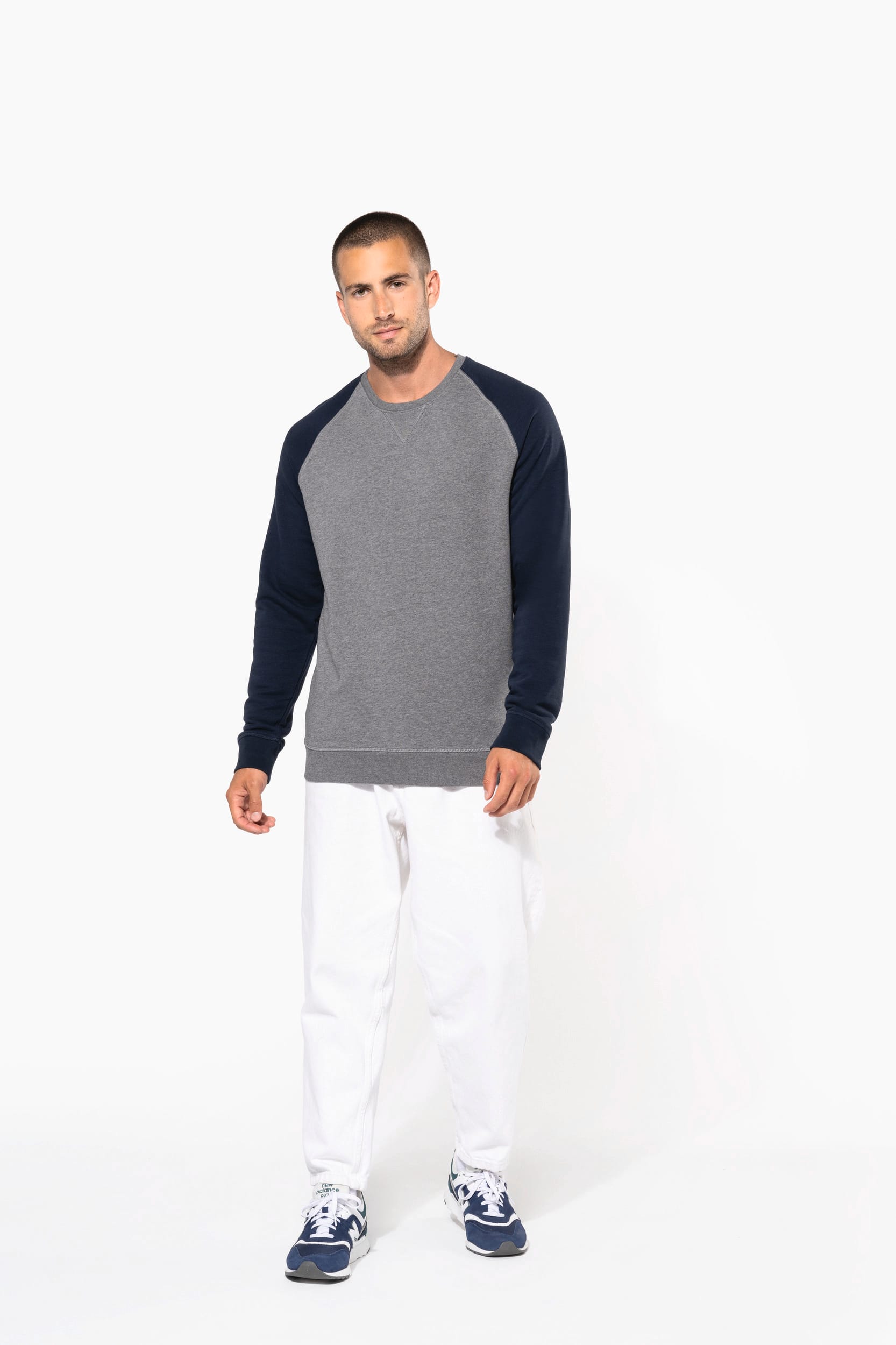Sweatshirt BIO French Terry bicolor de homem com decote redondo e mangas raglan