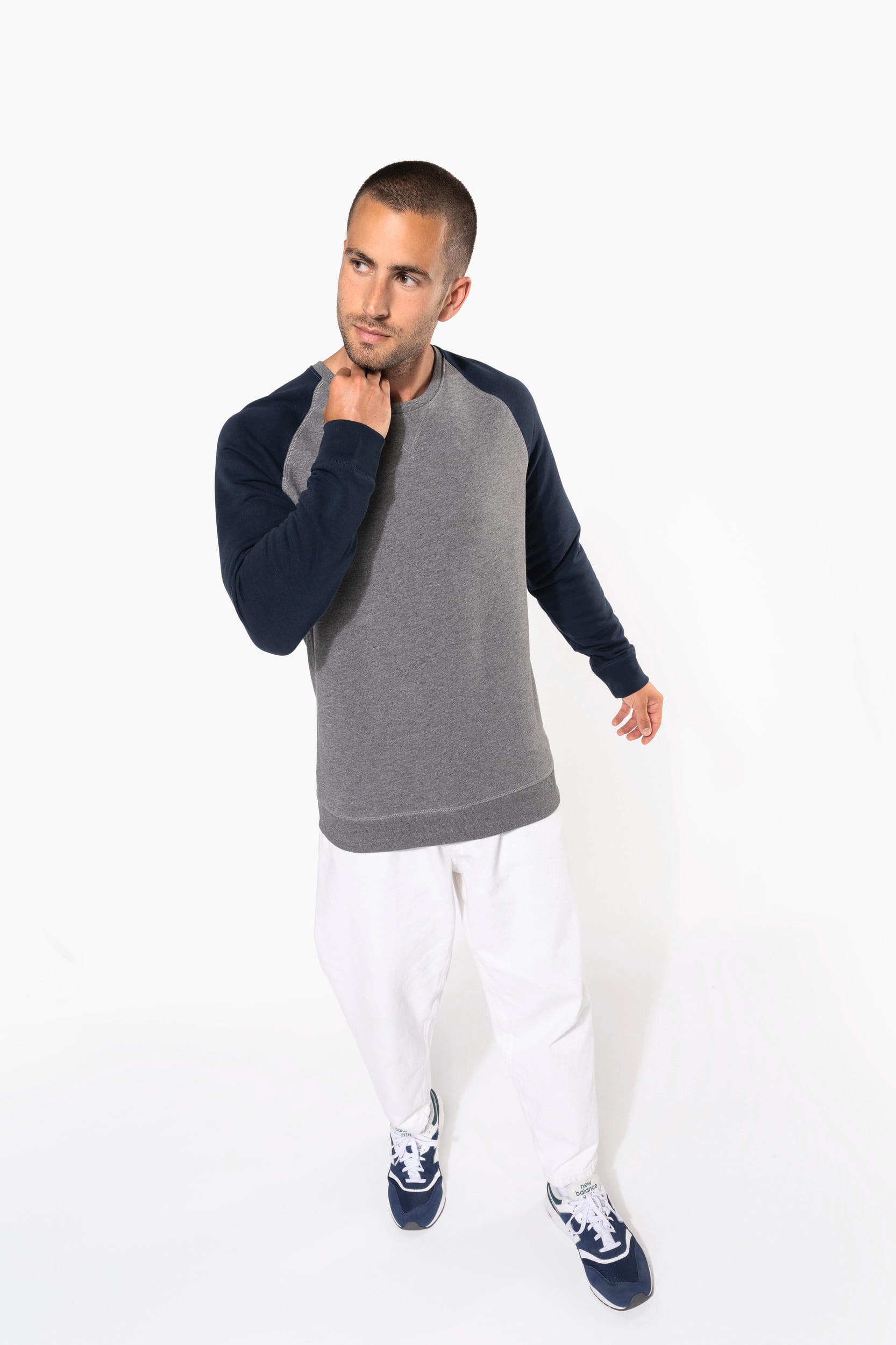 Sweatshirt BIO French Terry bicolor de homem com decote redondo e mangas raglan