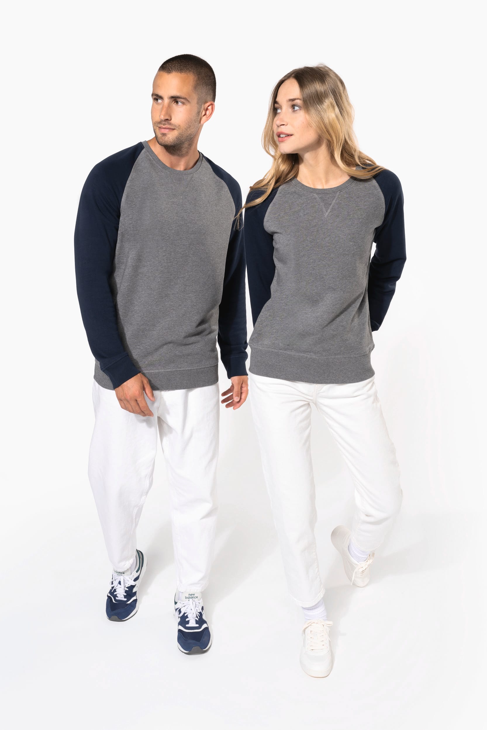 Sweatshirt BIO French Terry bicolor de senhora com decote redondo e mangas raglan