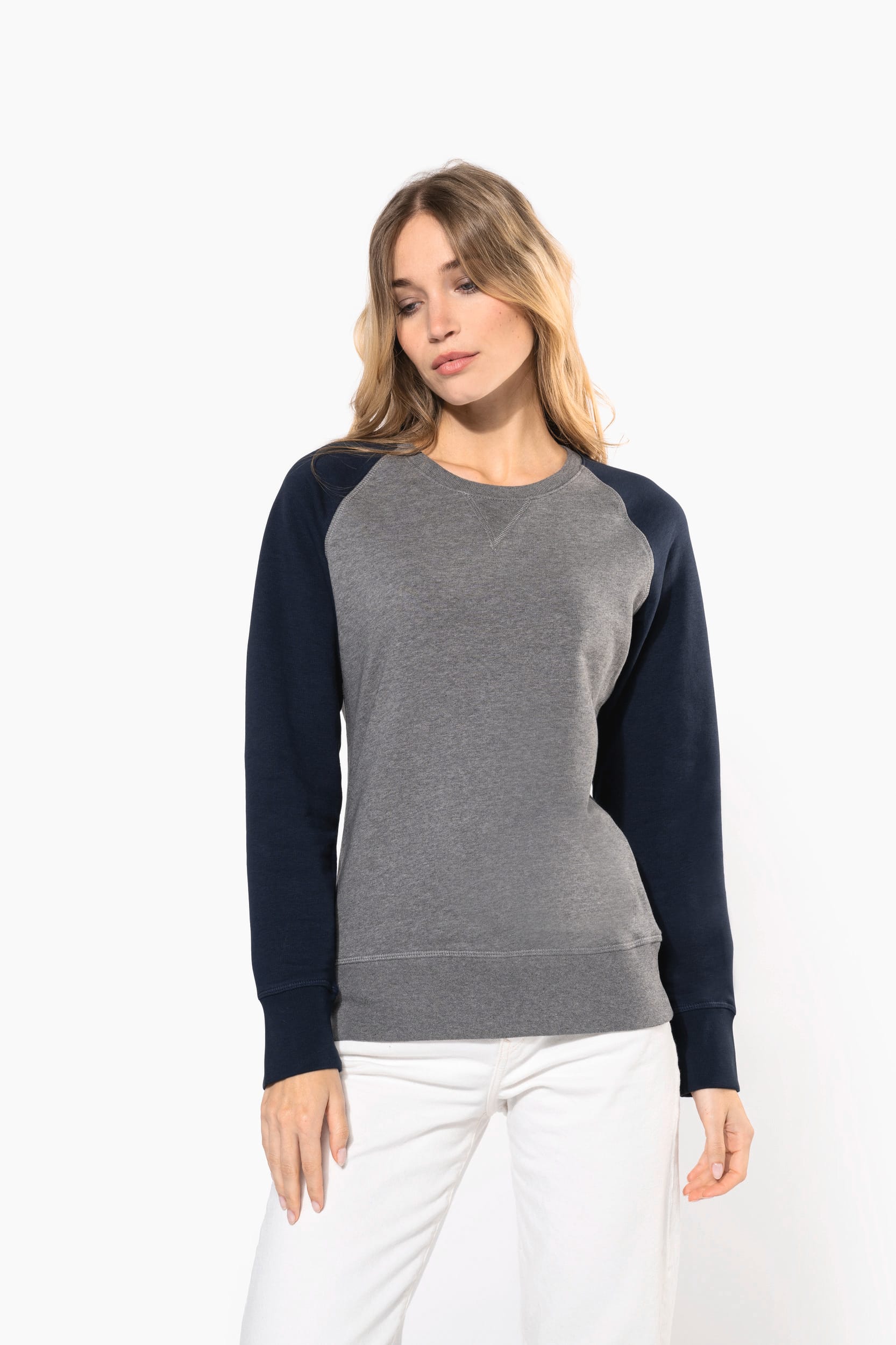 Sweatshirt BIO French Terry bicolor de senhora com decote redondo e mangas raglan